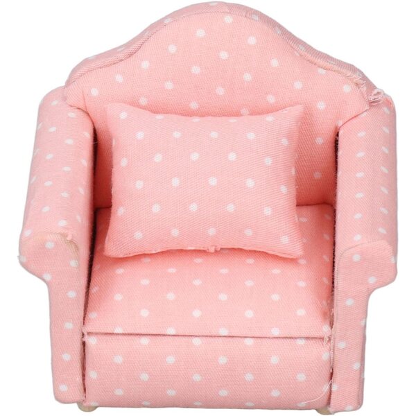 1:12 Mini-Holzsofa für Masyrt-Puppenhaus, rosa gepunkteter Stoff mit Kissen