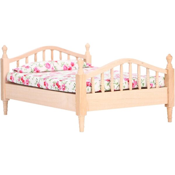 Elegantes und detailliertes Mini-Doppelbett aus Birkenholz für ein Puppenhaus im Maßstab 1:12