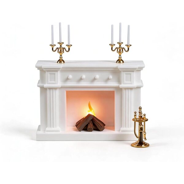 1:12 Puppenhaus-Miniatur-Kaminset mit Flammenlicht und goldenen Accessoires