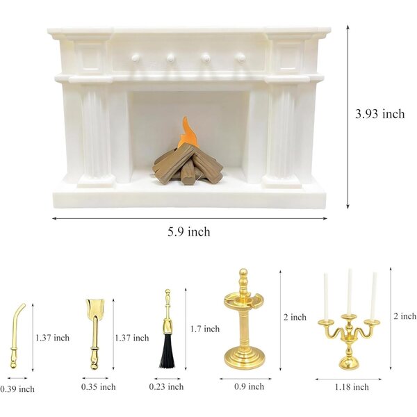 1:12 Puppenhaus-Miniatur-Kaminset mit Flammenlicht und goldenen Accessoires