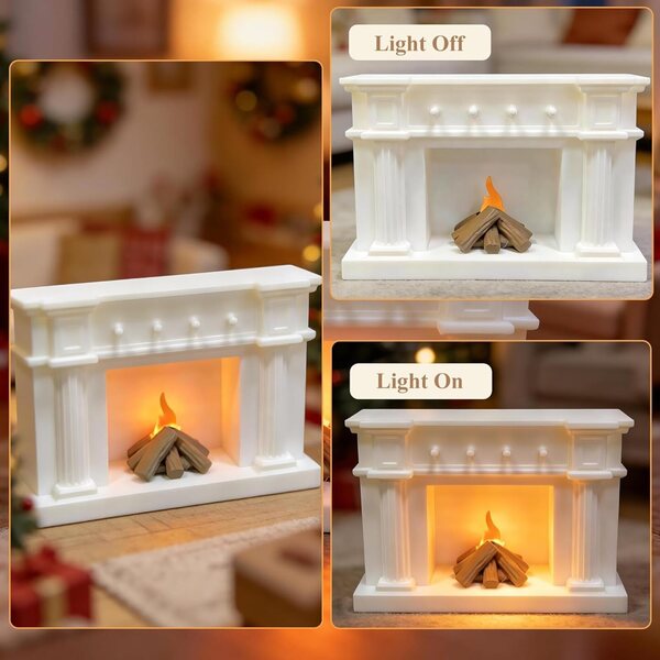 1:12 Puppenhaus-Miniatur-Kaminset mit Flammenlicht und goldenen Accessoires