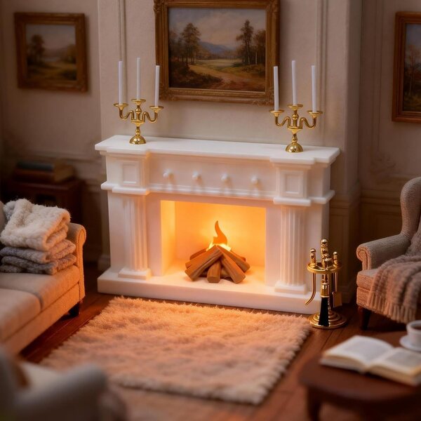 1:12 Puppenhaus-Miniatur-Kaminset mit Flammenlicht und goldenen Accessoires