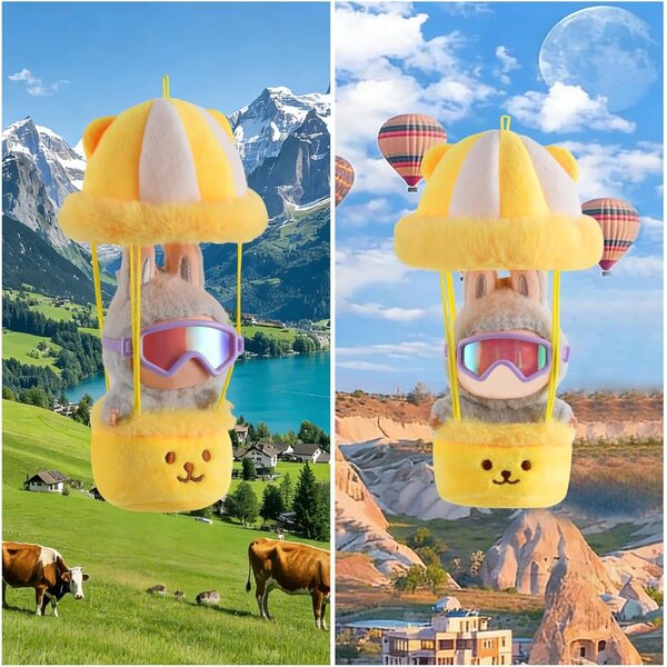Gelber Autositz und Hängesessel für 17-cm-Puppen mit lila Ciunura-Brille