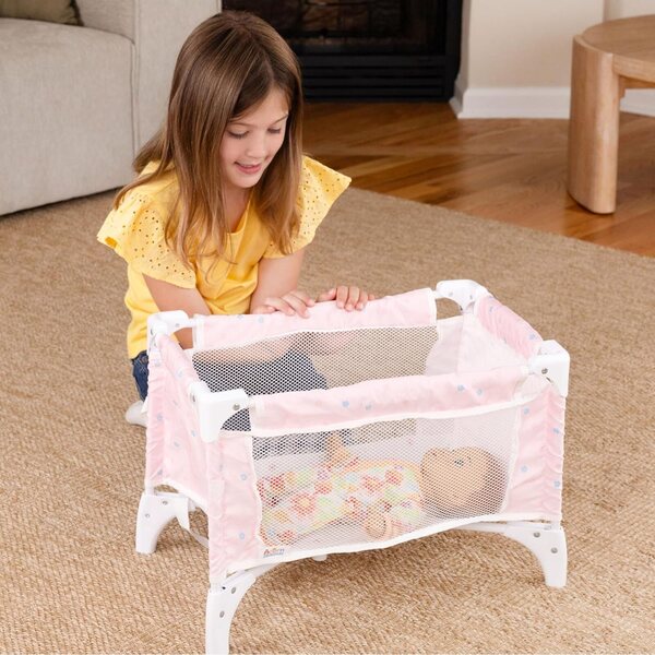 Babypuppenbett Pack N Play, zusammenklappbares Puppenbett mit Matratze und Netzseiten