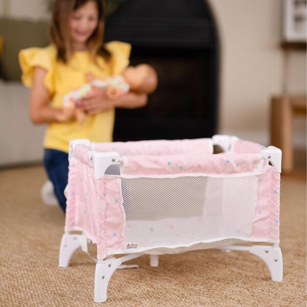 Babypuppenbett Pack N Play, zusammenklappbares Puppenbett mit Matratze und Netzseiten