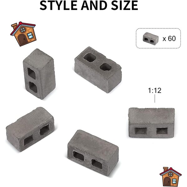 60 Blocchi Miniature in Cemento 1/12 per Casa delle Bambole e Paesaggistica
