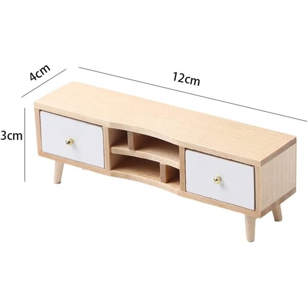 1:12 Puppenhaus-TV-Schrank aus Holz mit doppelter Schublade, 12 x 4 x 3 cm