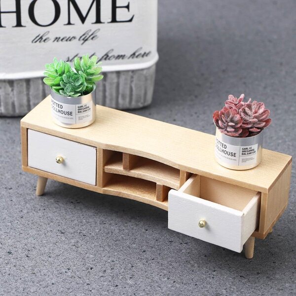 1:12 Puppenhaus-TV-Schrank aus Holz mit doppelter Schublade, 12 x 4 x 3 cm