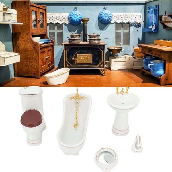 KENANLAN Set bagno 1:12 per casa delle bambole, 5 pezzi in porcellana miniatura