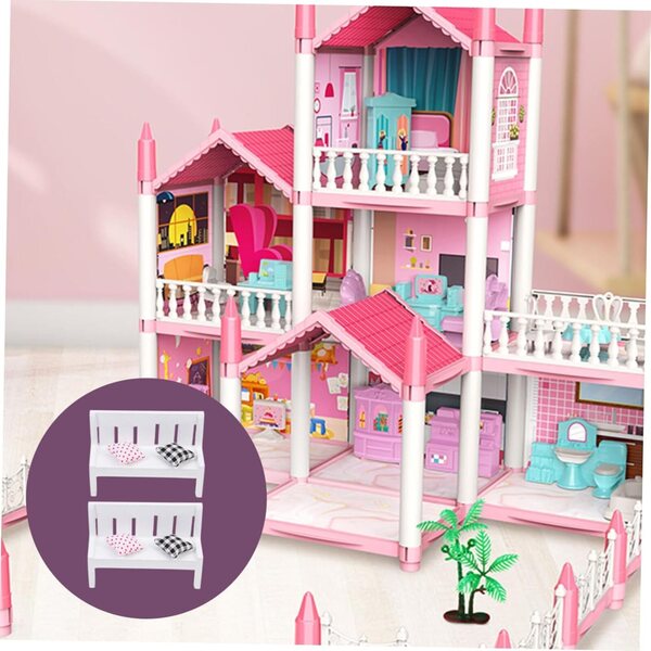 VICASKY Mini-Holzbänke mit Kissen-Set, 2-teilig, für Puppenhaus-Dekoration