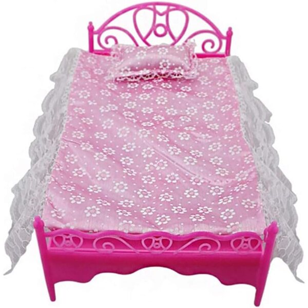 Bett für 30-cm-Puppen mit Laken und Kissen – Puppenhaus-Einrichtung