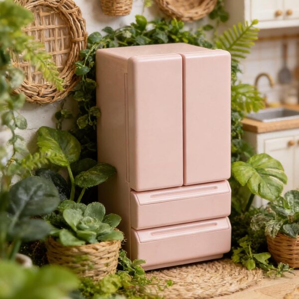 Mini frigorifero giocattolo rosa a doppia porta con luce per casa delle bambole