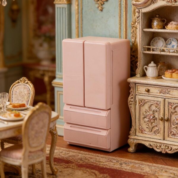 Mini frigorifero giocattolo rosa a doppia porta con luce per casa delle bambole