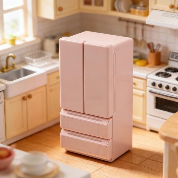Mini frigorifero giocattolo rosa a doppia porta con luce per casa delle bambole