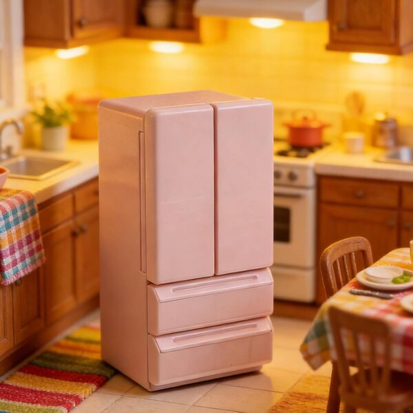 Mini frigorifero giocattolo rosa a doppia porta con luce per casa delle bambole
