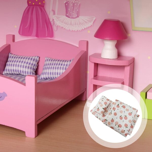 Set biancheria letto miniatura casa bambole 3 pezzi tessuto motivo pesca 30x16 cm