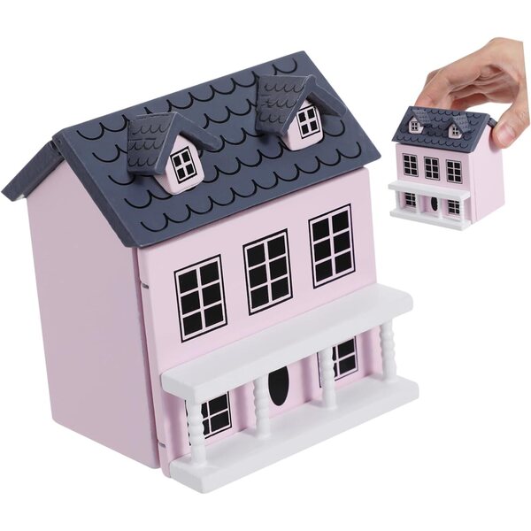 Toddmomy Handgefertigtes Tiny House als Wohn- und Schreibtischdekoration in Rosa und Grau