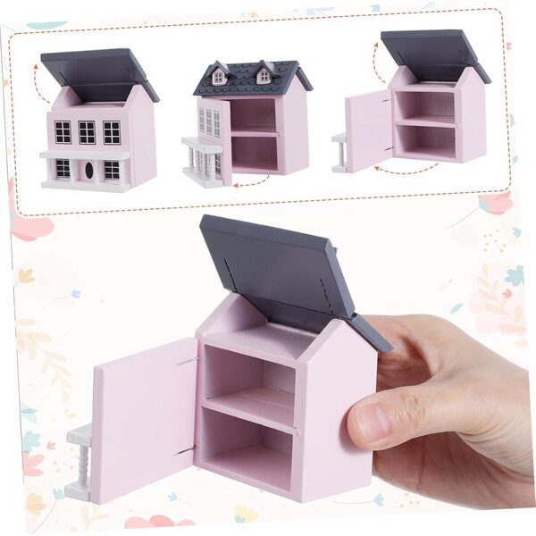 Toddmomy Handgefertigtes Tiny House als Wohn- und Schreibtischdekoration in Rosa und Grau