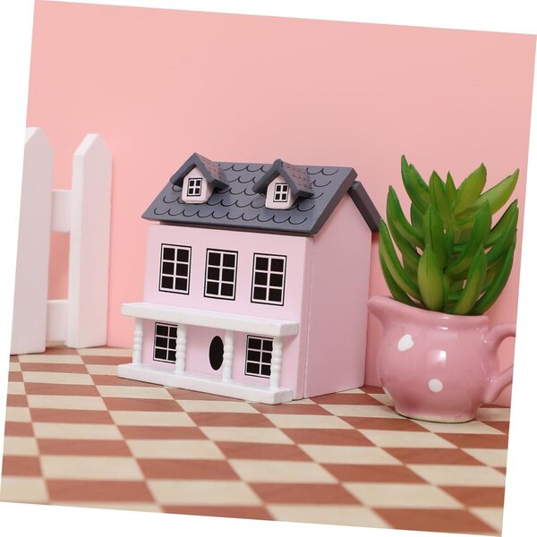 Toddmomy Handgefertigtes Tiny House als Wohn- und Schreibtischdekoration in Rosa und Grau