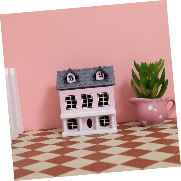 Toddmomy Handgefertigtes Tiny House als Wohn- und Schreibtischdekoration in Rosa und Grau
