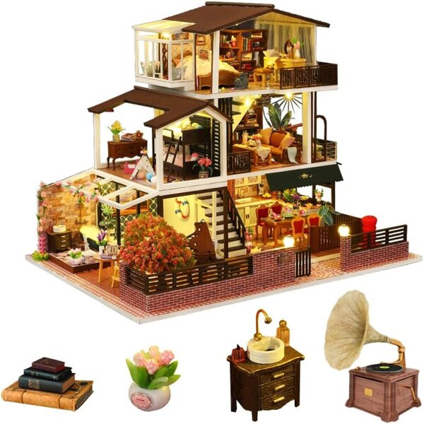 DIY-Puppenhaus-Bausatz mit LED-Leuchten und Möbeln im Retro-Stil, Maßstab 1:24