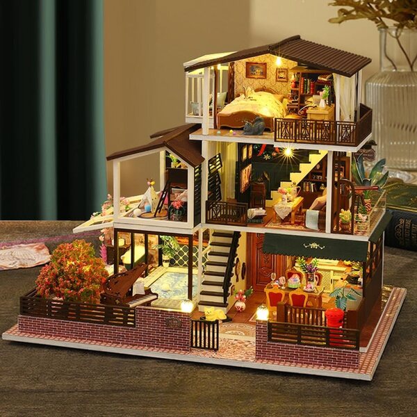 DIY-Puppenhaus-Bausatz mit LED-Leuchten und Möbeln im Retro-Stil, Maßstab 1:24