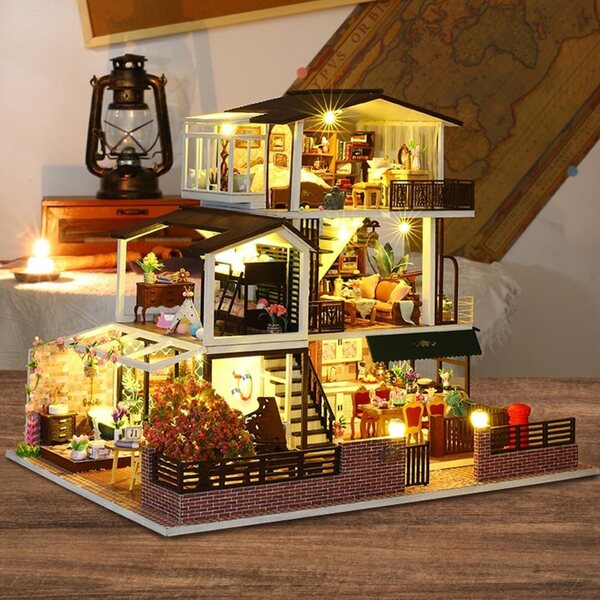 DIY-Puppenhaus-Bausatz mit LED-Leuchten und Möbeln im Retro-Stil, Maßstab 1:24