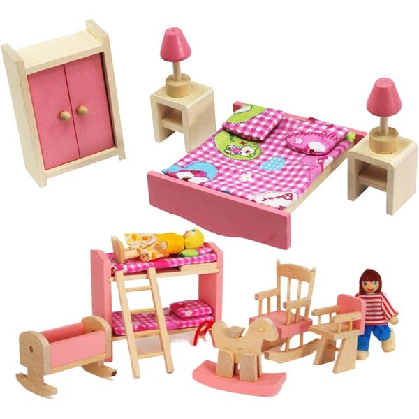 Holzmöbelset für ein Puppenhaus im Maßstab 1:12 mit Etagenbett und Schaukelstuhl
