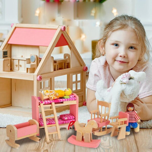 Holzmöbelset für ein Puppenhaus im Maßstab 1:12 mit Etagenbett und Schaukelstuhl
