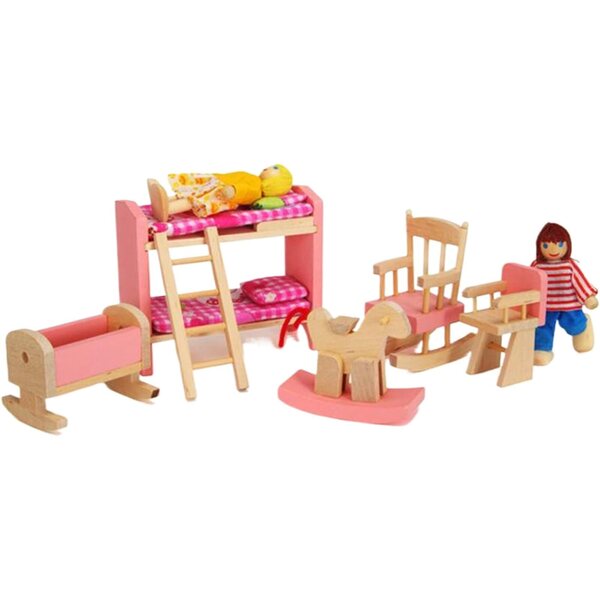 Holzmöbelset für ein Puppenhaus im Maßstab 1:12 mit Etagenbett und Schaukelstuhl