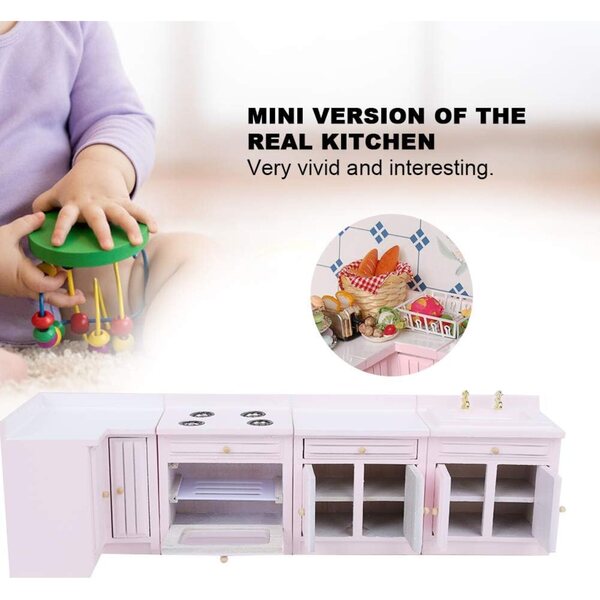 1:12 Mini-Puppenhaus aus Holz mit abnehmbaren rosa Küchenmöbeln