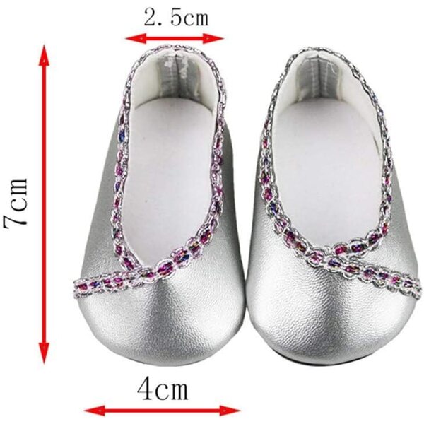 Lederschuhe für 18 Zoll 46 cm Puppen – Silberne Tanzschuhe