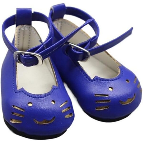 Blaue Lederschuhe für 46 cm große Puppen mit Schnalle und Katzengesicht-Design