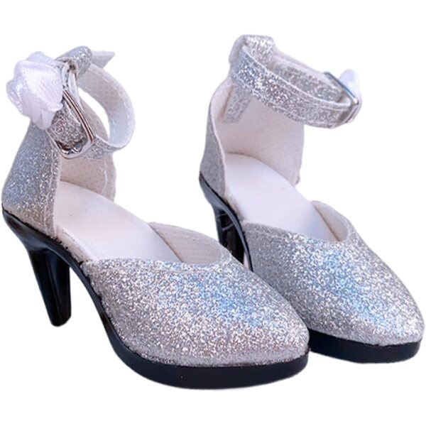 1/6 High Heels Puppenschuhe aus silbernem PVC, Miniaturzubehör 7x2,5 cm