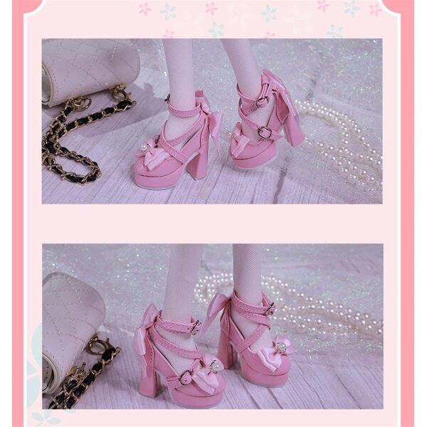 High Heel Schuhe mit Schleife für 1/4 BJD Puppe, elegantes rosa Plateau
