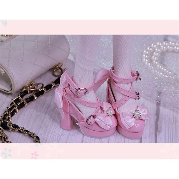 High Heel Schuhe mit Schleife für 1/4 BJD Puppe, elegantes rosa Plateau