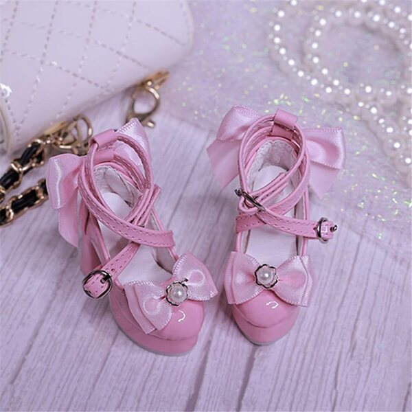 High Heel Schuhe mit Schleife für 1/4 BJD Puppe, elegantes rosa Plateau