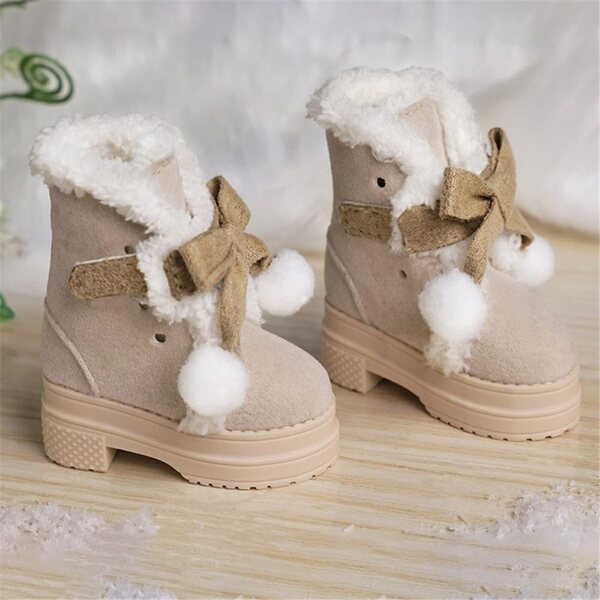 Khaki Winterstiefel für 1/4 18 Zoll BJD Puppen mit Plüschschleife