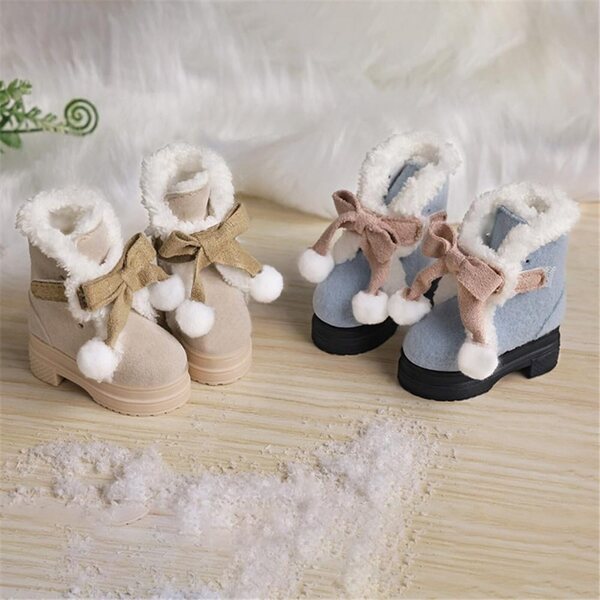 Khaki Winterstiefel für 1/4 18 Zoll BJD Puppen mit Plüschschleife