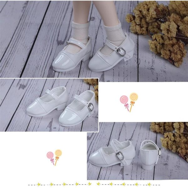 Scarpe con Tacco Basso e Fibbia per Bambola BJD 1/4 SD in Pelle Bianca di Alta Qualità