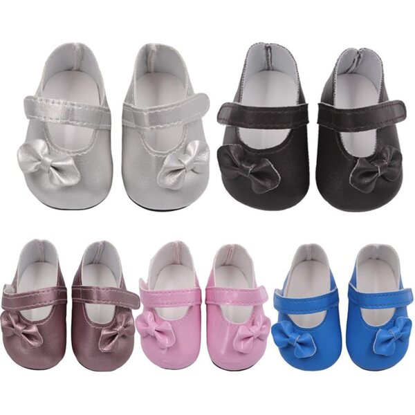 Scarpe in pelle nere per bambola 46 cm con fiocco, accessorio per costume bambola americana