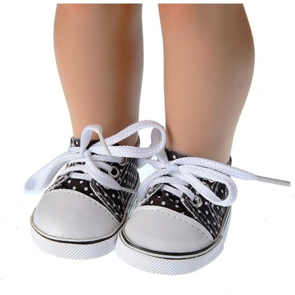Scarpe nere di tela con lacci per bambola 46 cm, accessorio American Doll con pois