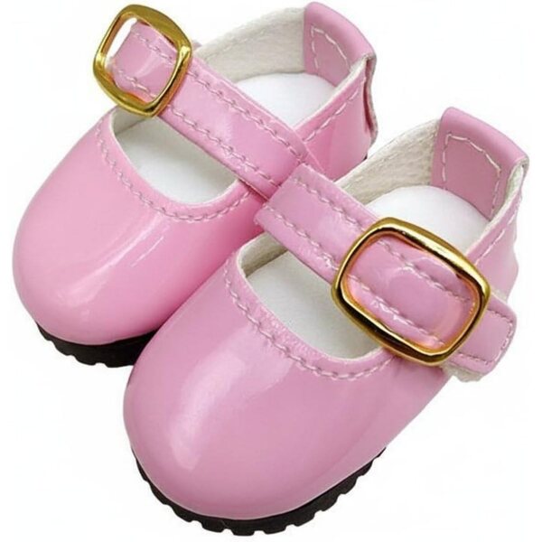 Rosa Lackschuhe für 30 cm große Puppen mit T-Riemen und goldenen Schnallen