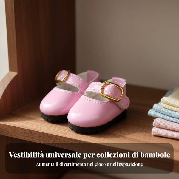 Rosa Lackschuhe für 30 cm große Puppen mit T-Riemen und goldenen Schnallen