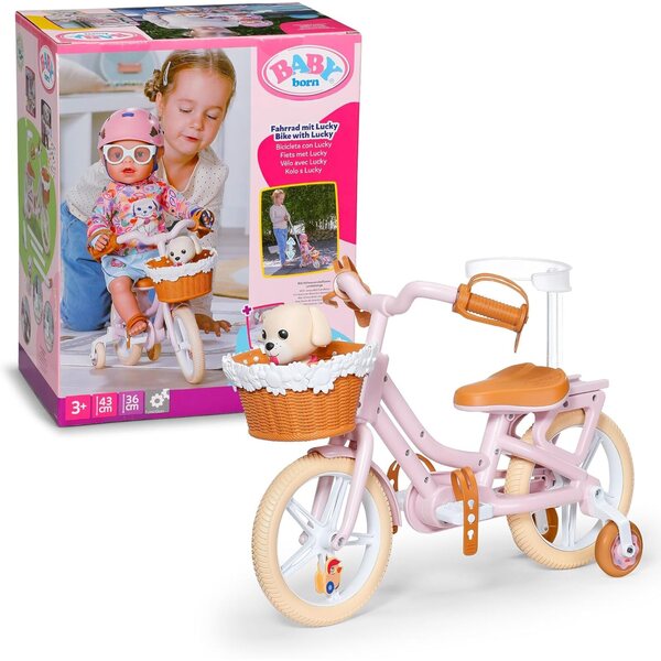 BABY born Glücksfahrrad für Puppen mit Korb, verstellbarem Lenker und Aufklebern
