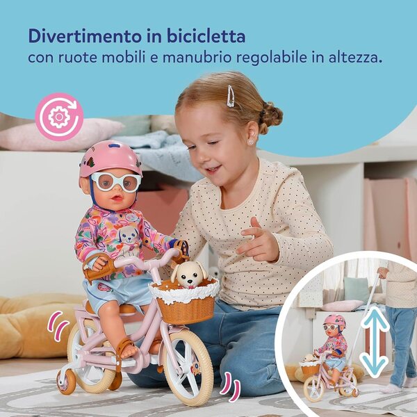 BABY born Glücksfahrrad für Puppen mit Korb, verstellbarem Lenker und Aufklebern