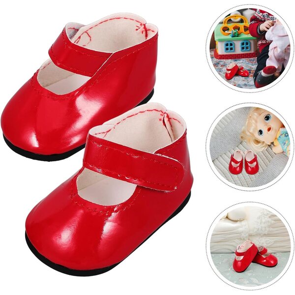 Rote 18-Zoll-Puppenschuhe. Stilvolle Miniaturstiefel zum Spielen und für die Kleidung