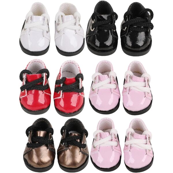 Set 6 paia scarpe miniatura per bambole 17 cm, dettagli artigianali in PVC lucido