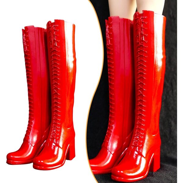 Oshhni Stivali alti 1:6 per Bambole 12'' con Tacco Alto e Punta Tonda, Rosso