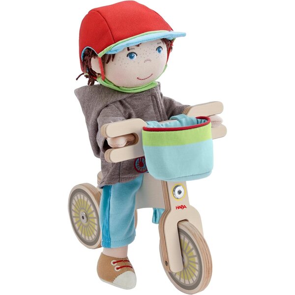 HABA Holzfahrrad Lian mit Puppe, Helm und Korb, sicheres Doppelrad